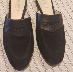 Black suede and leather mule shoes